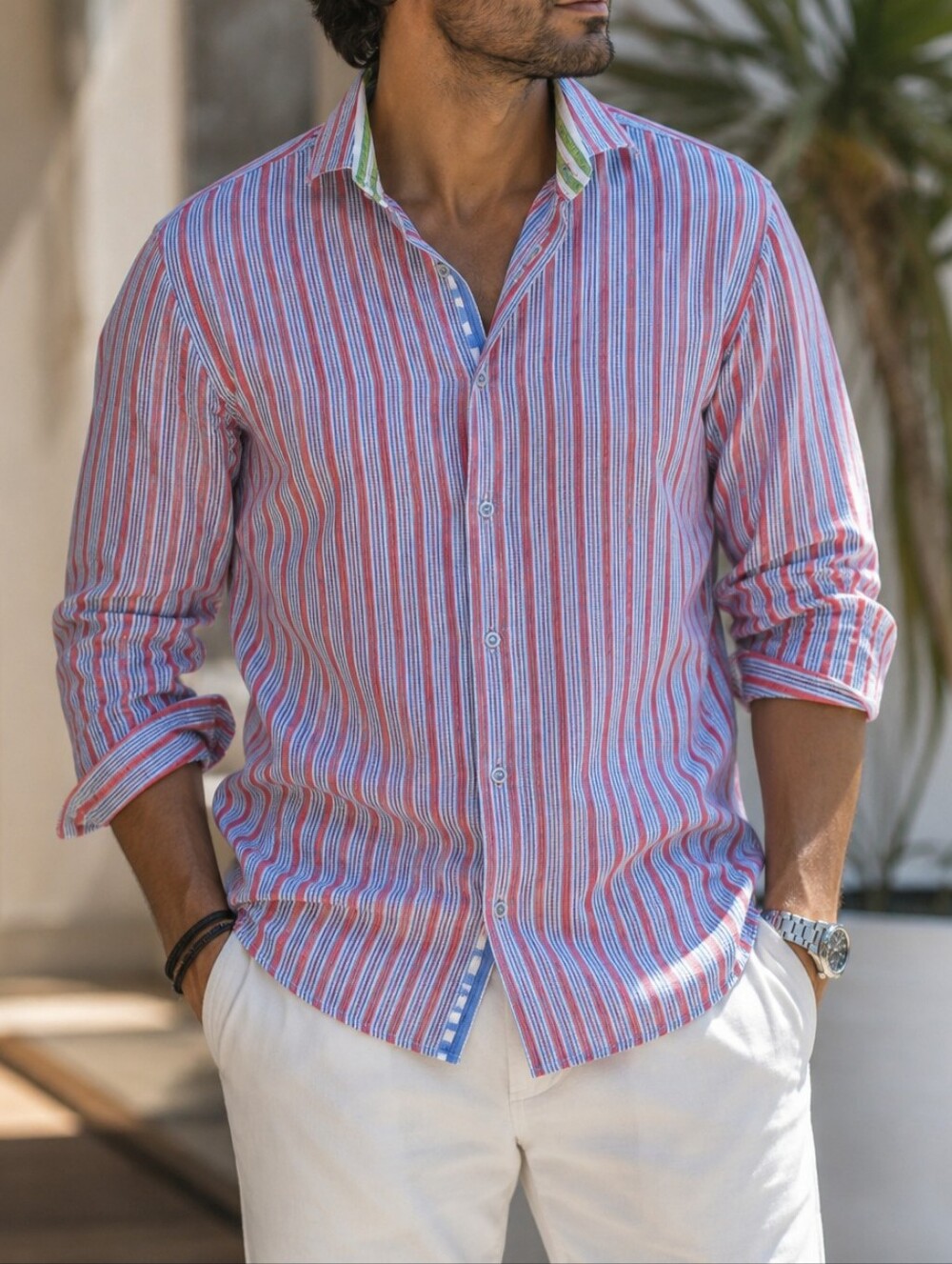 Robert Graham Blue Gingham Button-Front Shirt Red Stripe Accent Mens Luxury